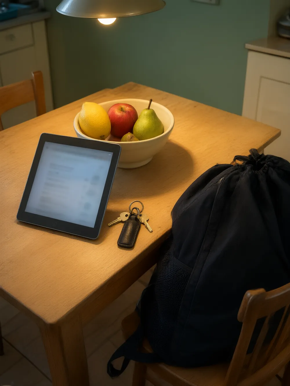 Il tablet con la guida sul tavolo di cucina, accanto le chiavi e il borsone