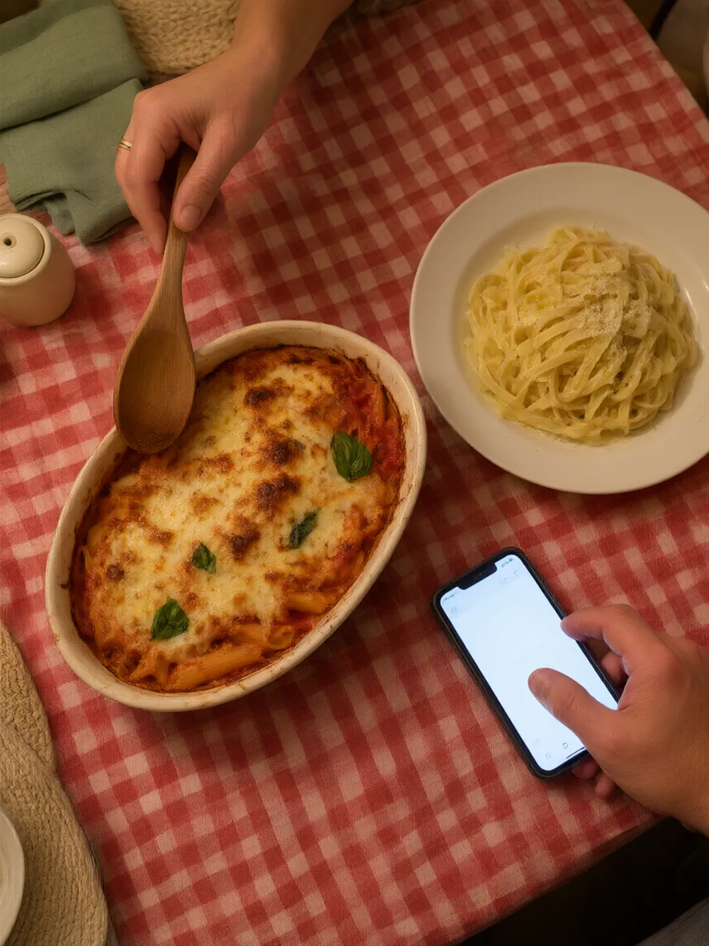 La cena: una mano scorre il telefono accanto al piatto