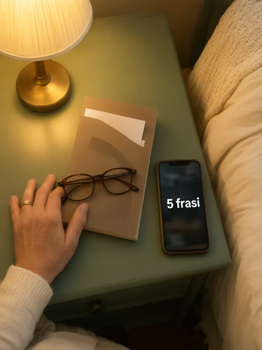 Il comodino con il libro, gli occhiali e il video «5 frasi»