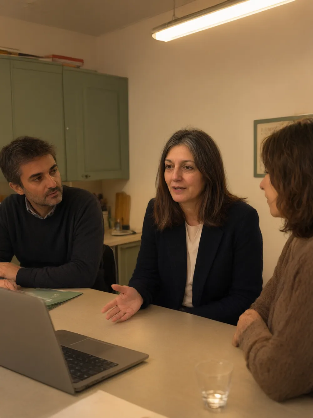 Silvia parla in riunione, i colleghi girati verso di lei